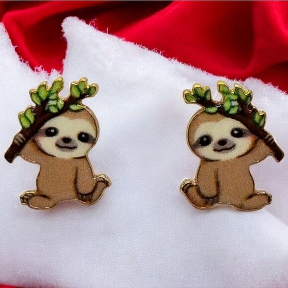 Brown Sloth Earrings Tiny Pierced Ear Cute Kawaii Jewelry Nature Wildlife Animal - Picture 2 of 4